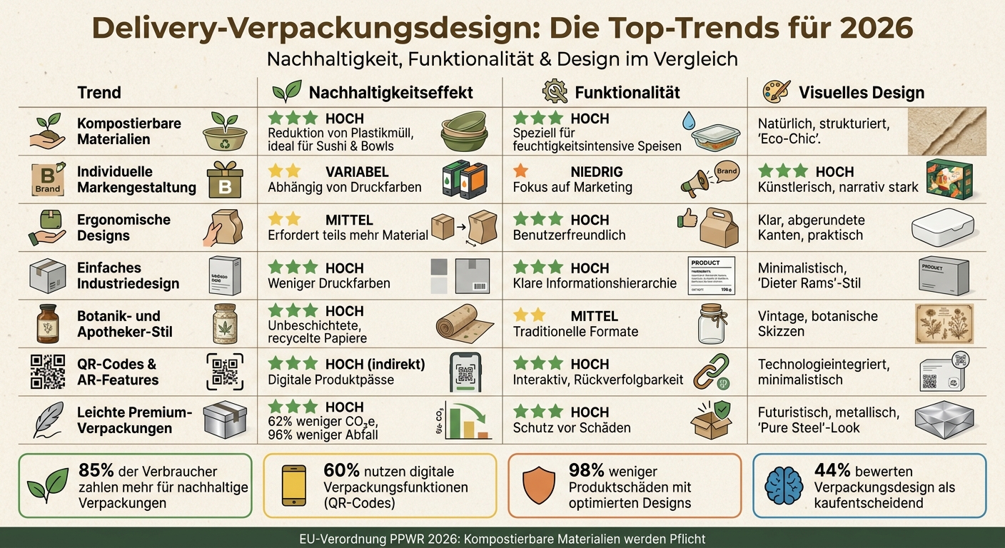 Delivery-Verpackungsdesign Trends 2026: Vergleich nach Nachhaltigkeit, Funktionalität und Design