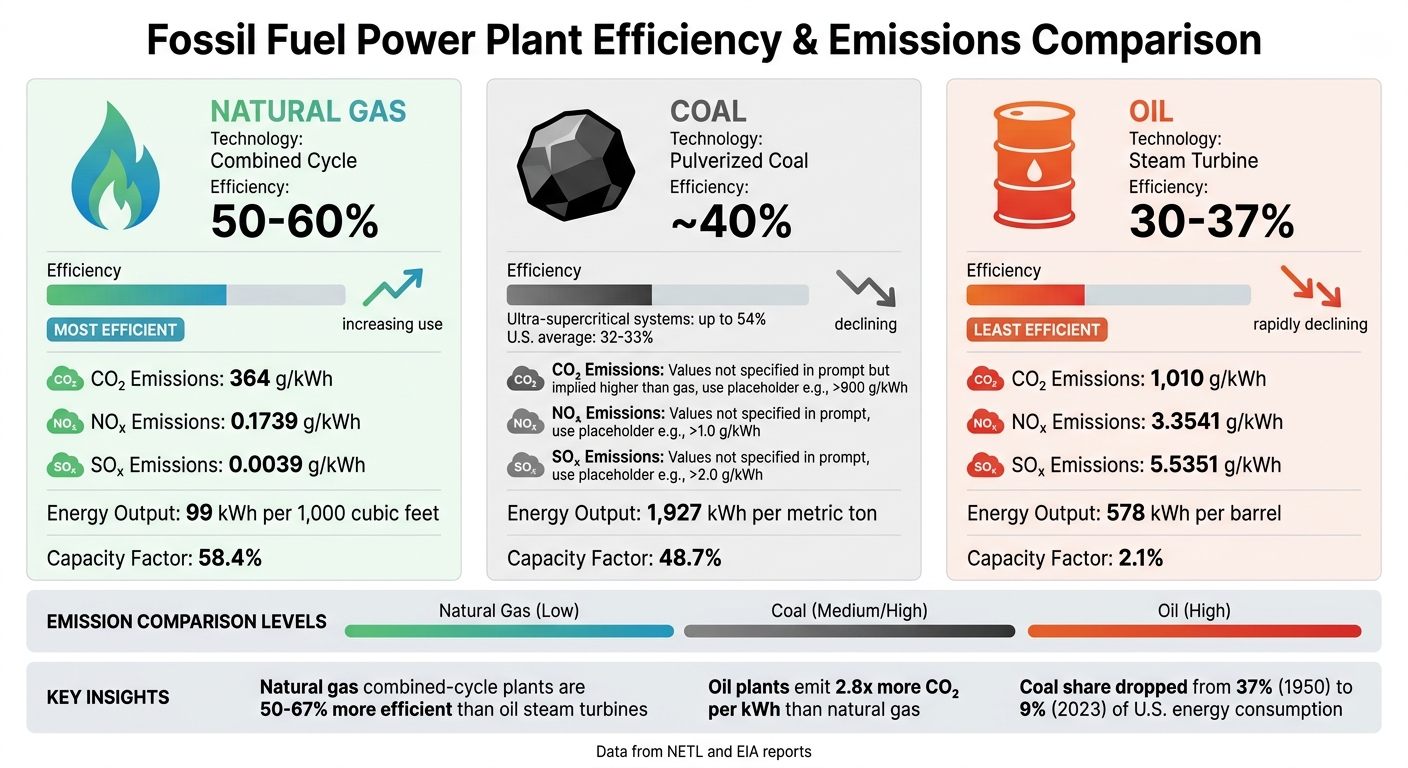 Fossil Fuel Power Plant Efficiency and Emissions Comparison: Coal vs Natural Gas vs Oil