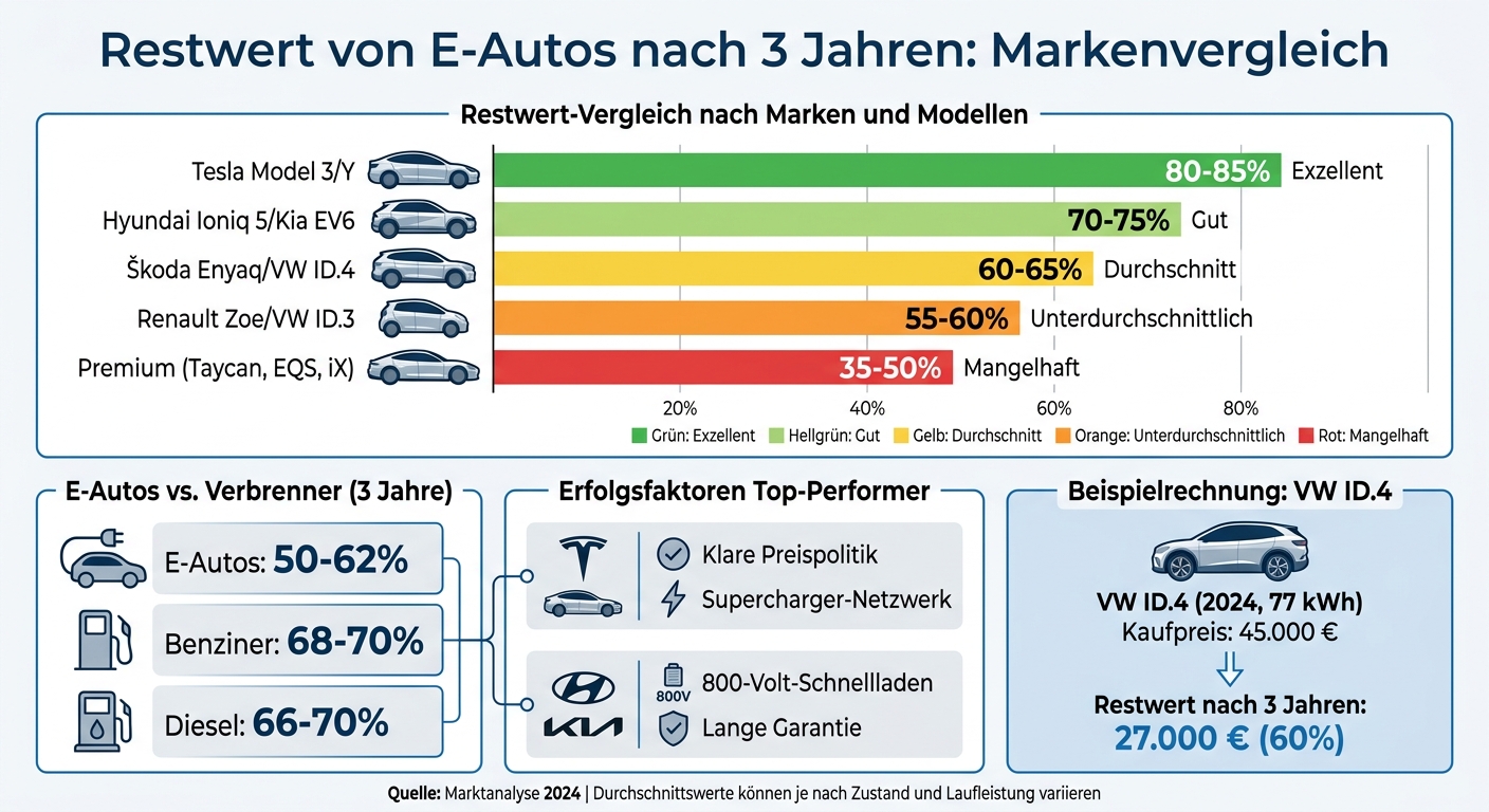 Restwertvergleich E-Autos nach Marken und Fahrzeugtypen nach 3 Jahren