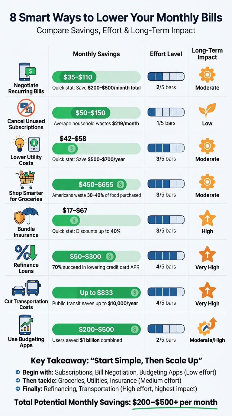 8 Ways to Lower Monthly Bills: Savings Comparison and Effort Guide