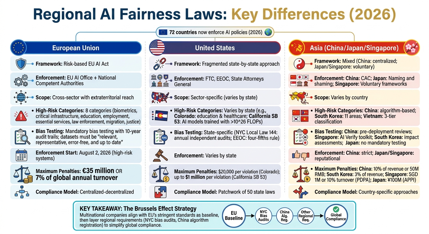 AI Fairness Laws Comparison: EU vs US vs Asia Regulations 2026