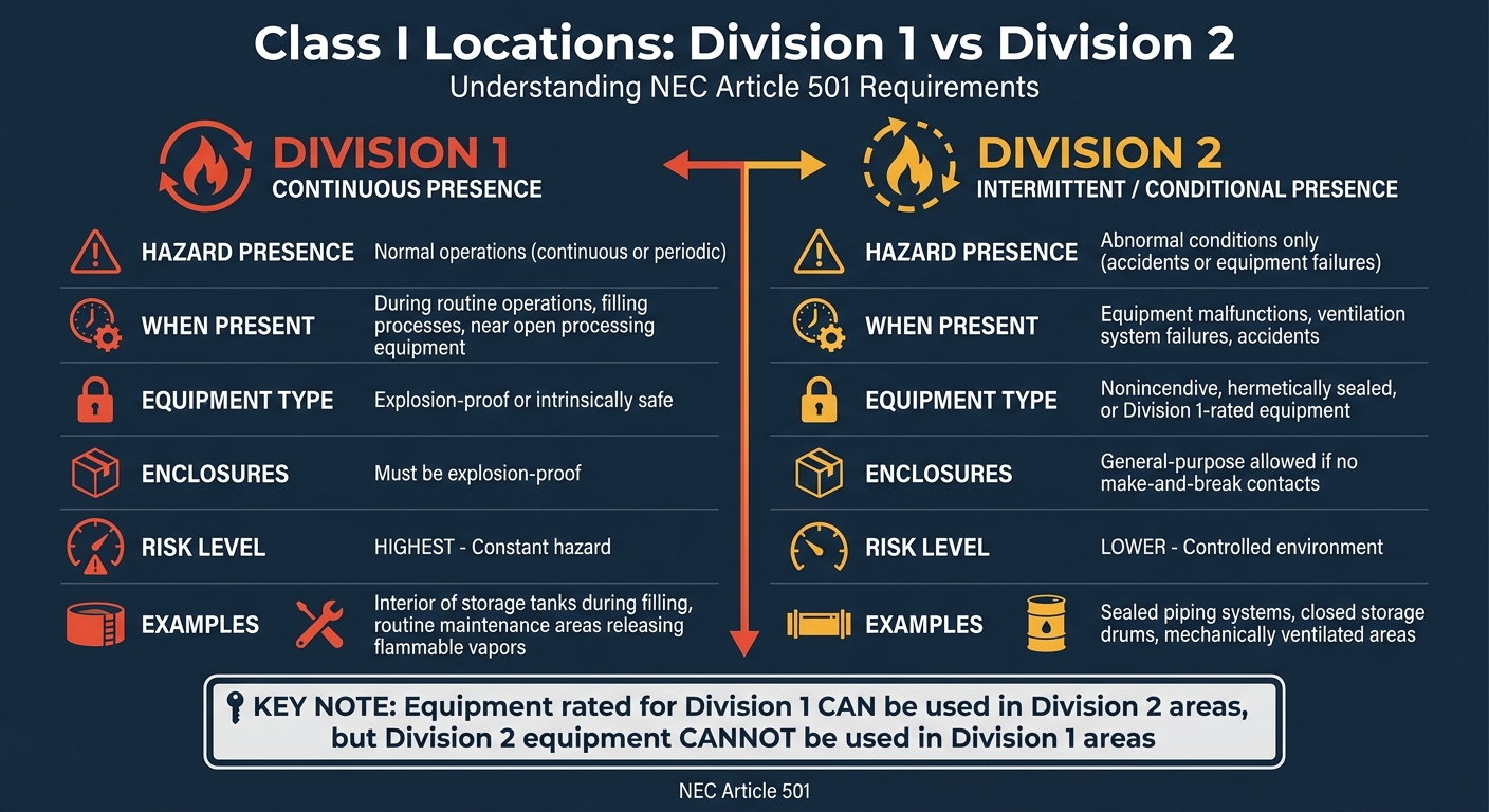 NEC Class I Division 1 vs Division 2 Requirements Comparison Chart