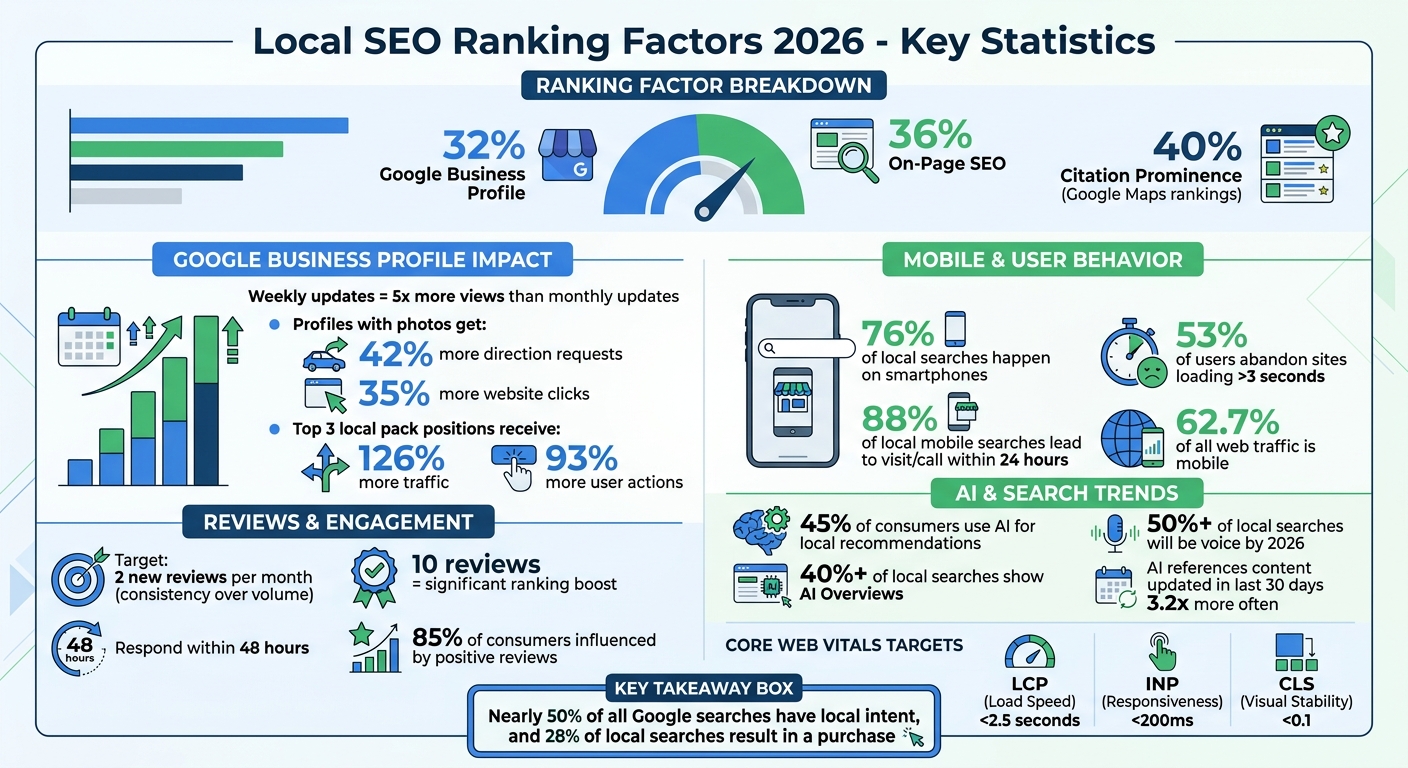 Local SEO Ranking Factors 2026 data chart showing key statistics and mobile performance metrics for Google Business Profiles.