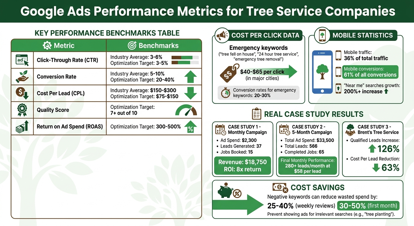 Google Ads Performance Metrics and Benchmark chart for local Tree Service PPC campaigns