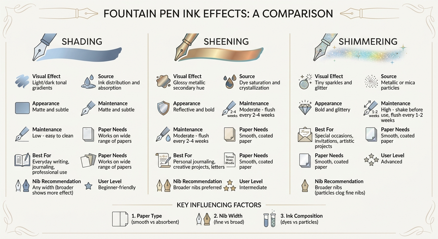 Comparison of Shading vs Sheening vs Shimmering Fountain Pen Inks