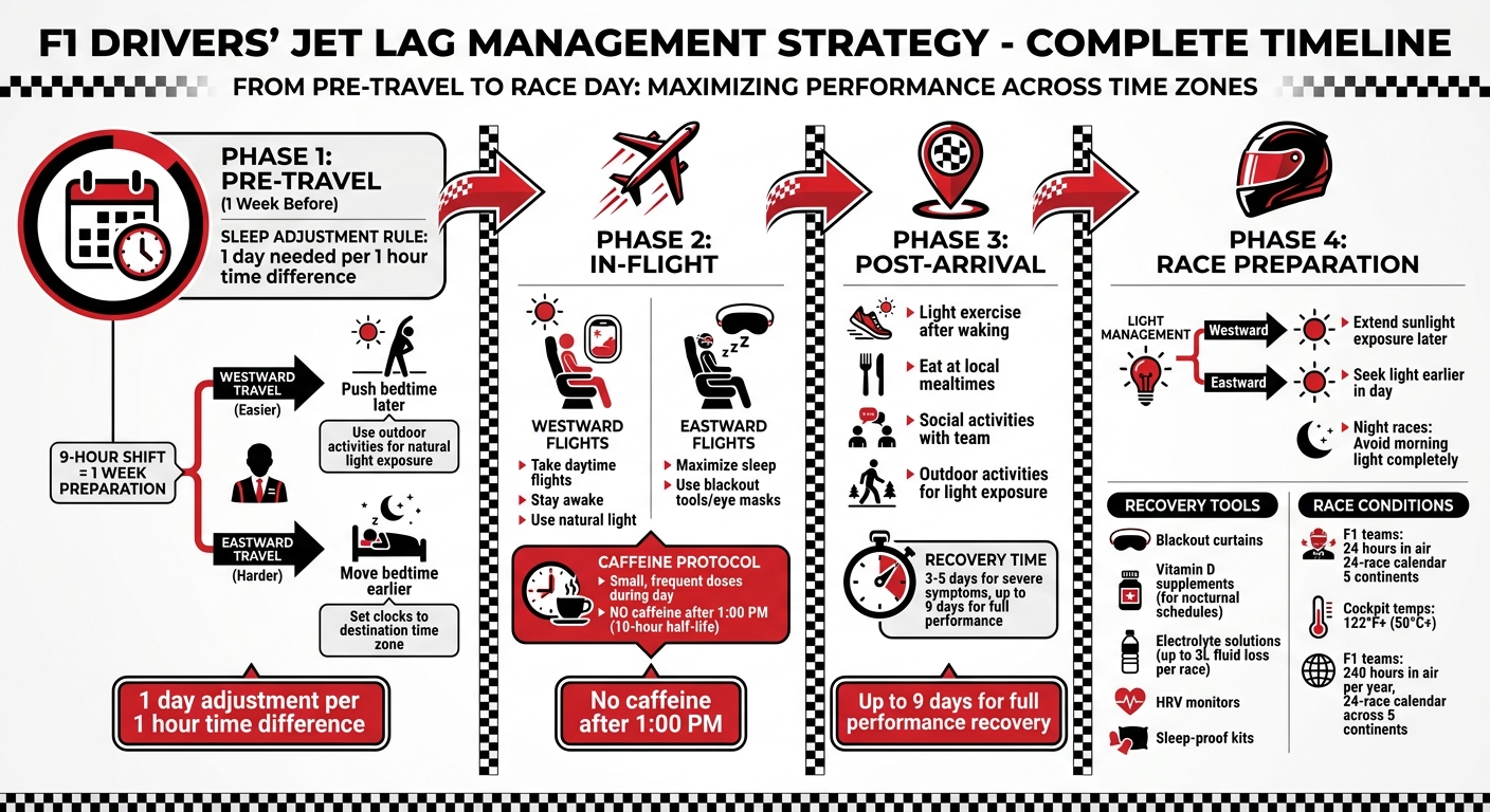 F1 Drivers' Complete Jet Lag Management Strategy Timeline