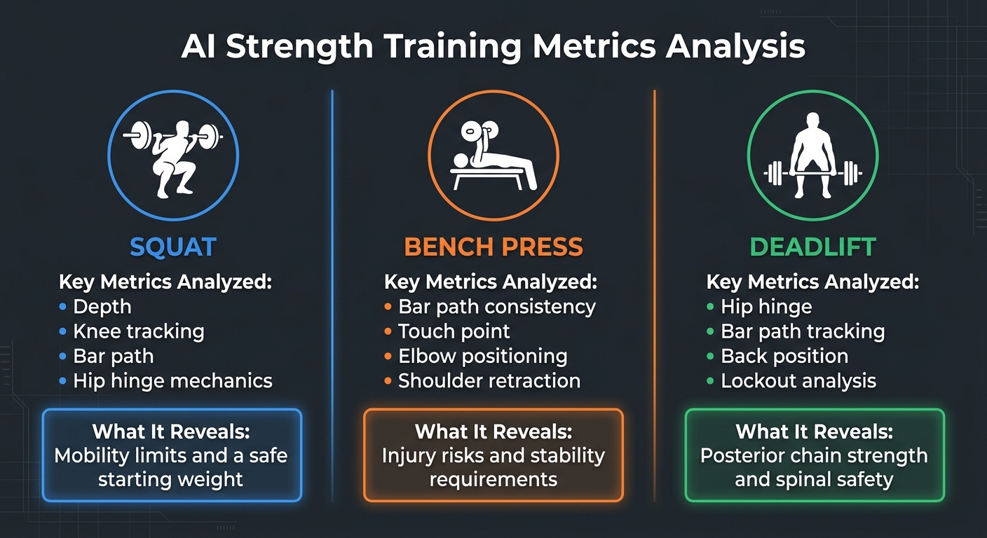 AI Strength Training Metrics: What AI Analyzes for Squat, Bench Press, and Deadlift