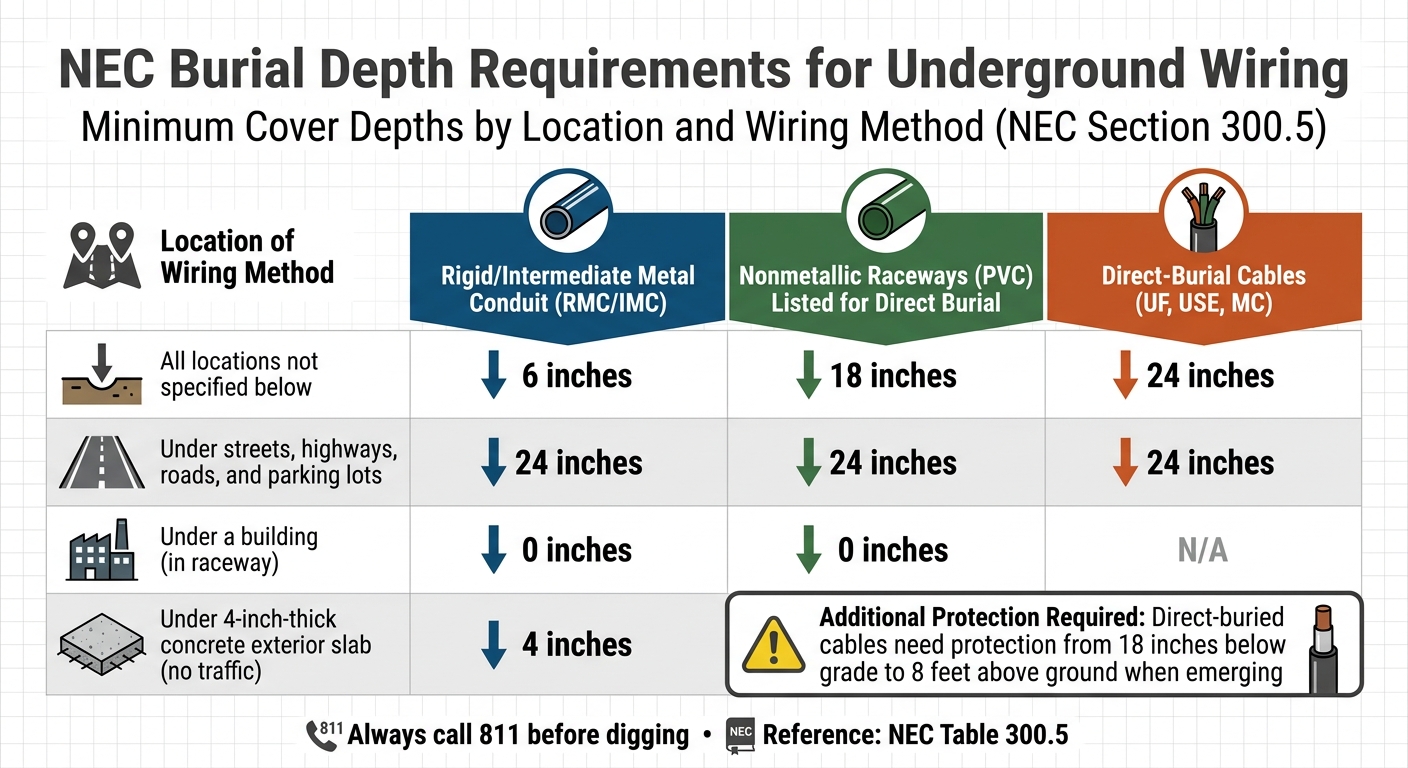 NEC Underground Wiring Burial Depth Requirements by Location and Conduit Type