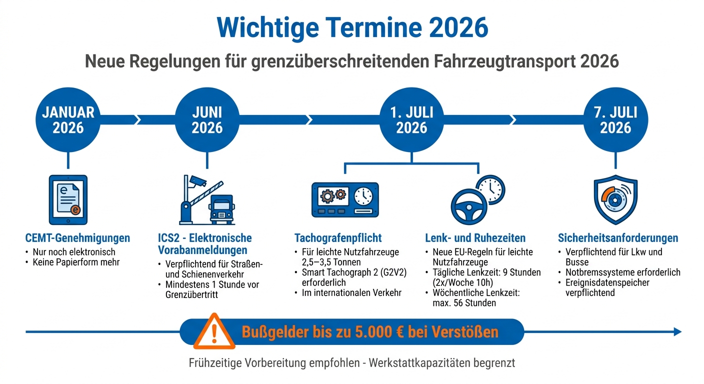 Zeitplan der neuen Regelungen für grenzüberschreitenden Fahrzeugtransport 2026