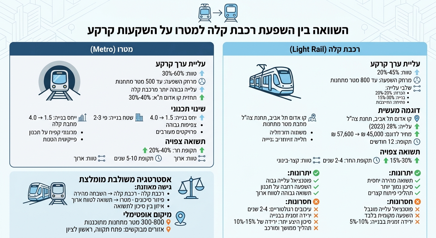השוואת השפעת רכבת קלה ומטרו על ערך קרקעות בישראל