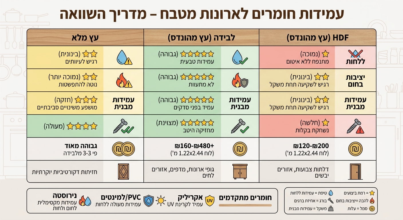 השוואת עמידות חומרים לארונות מטבח - לחות, חום ועלות