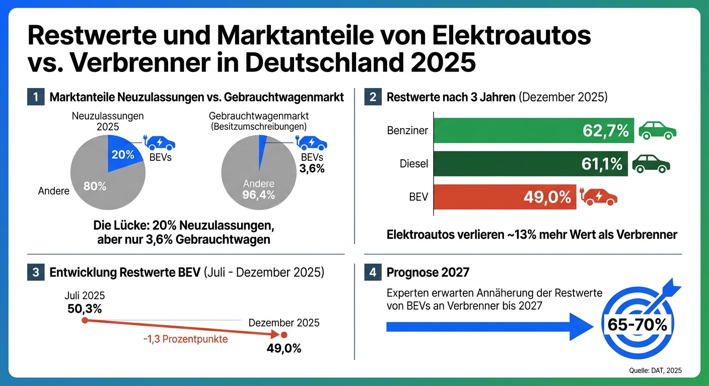 Restwerte und Marktanteile von Elektroautos vs. Verbrenner 2025