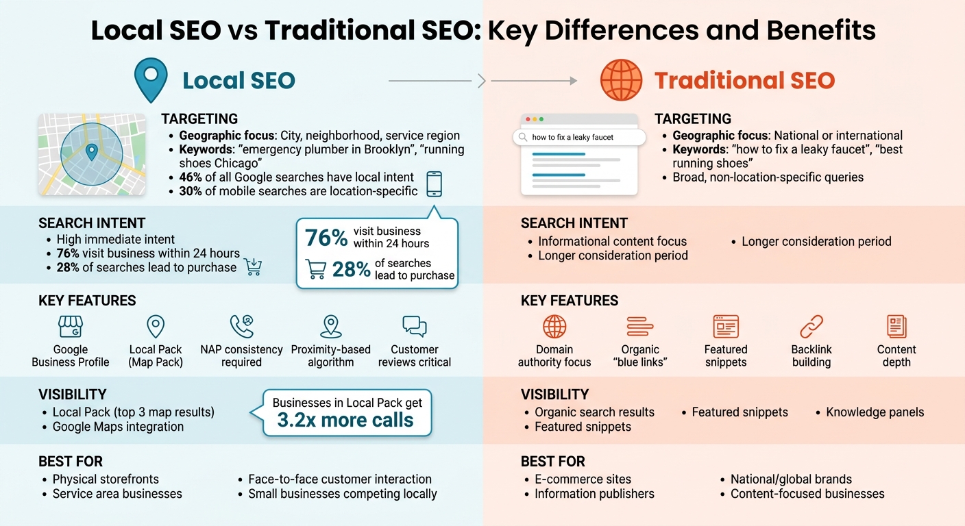 Comparison chart showing the difference between Local SEO focusing on proximity and Traditional SEO focusing on authority.