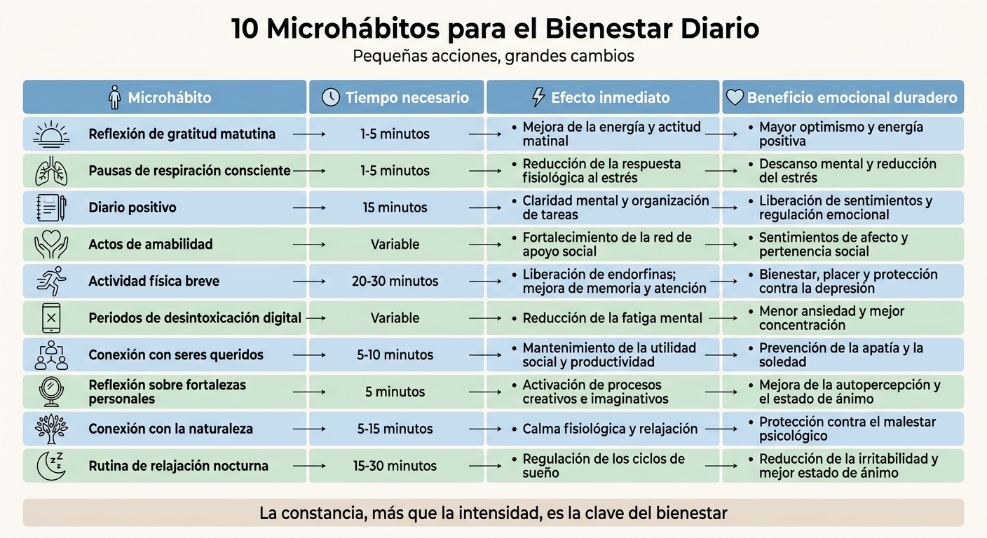 Comparativa de 10 microhábitos para el bienestar diario: tiempo, efectos y beneficios