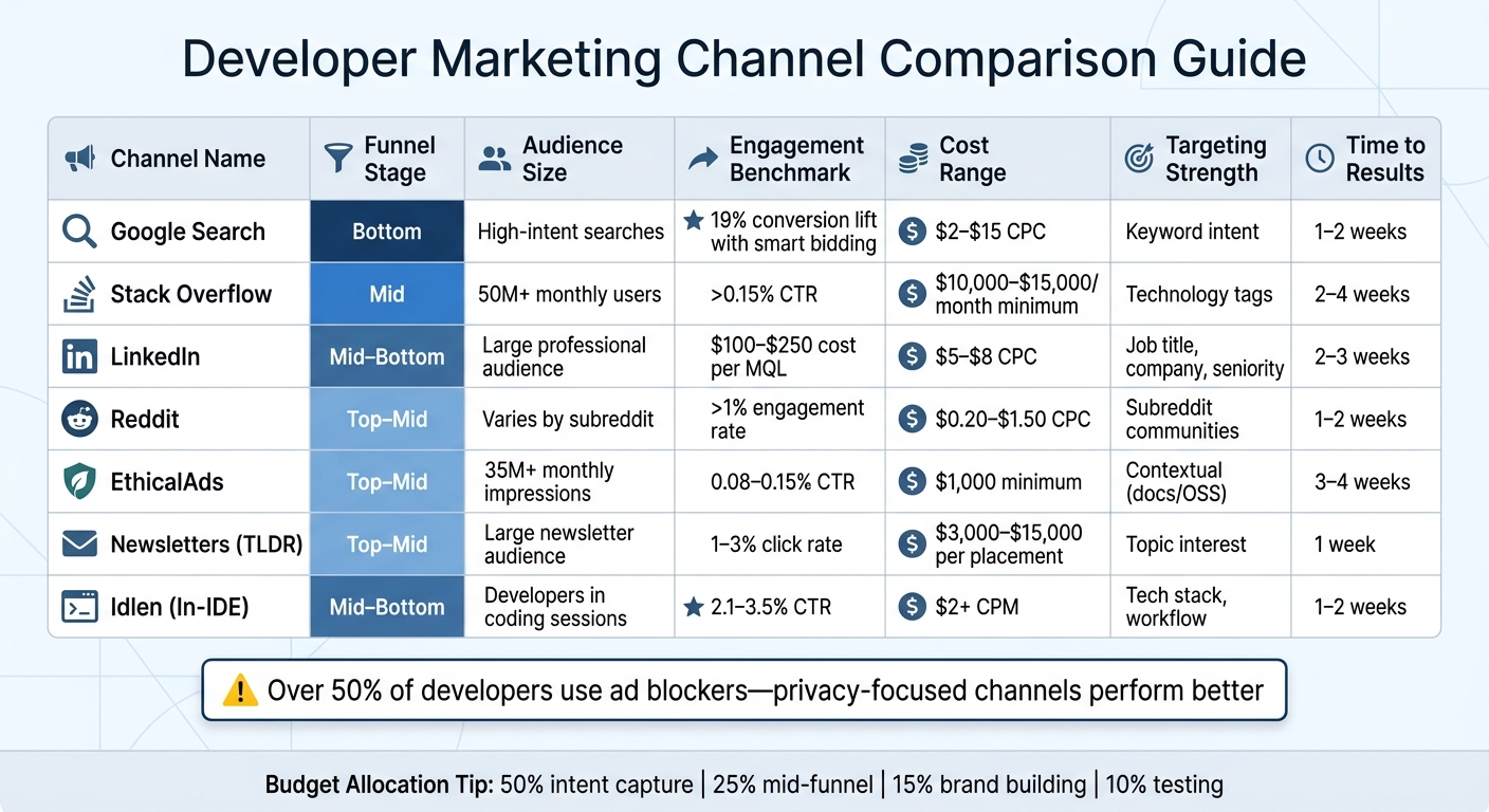 Developer Marketing Channels Comparison: Cost, Engagement & Performance Metrics