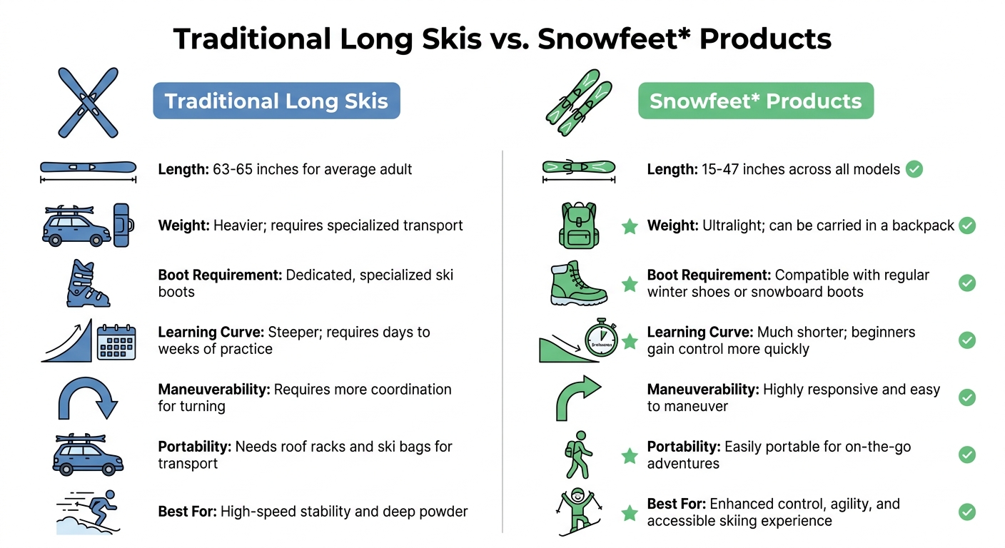 Traditional Long Skis vs Snowfeet Products Comparison Chart