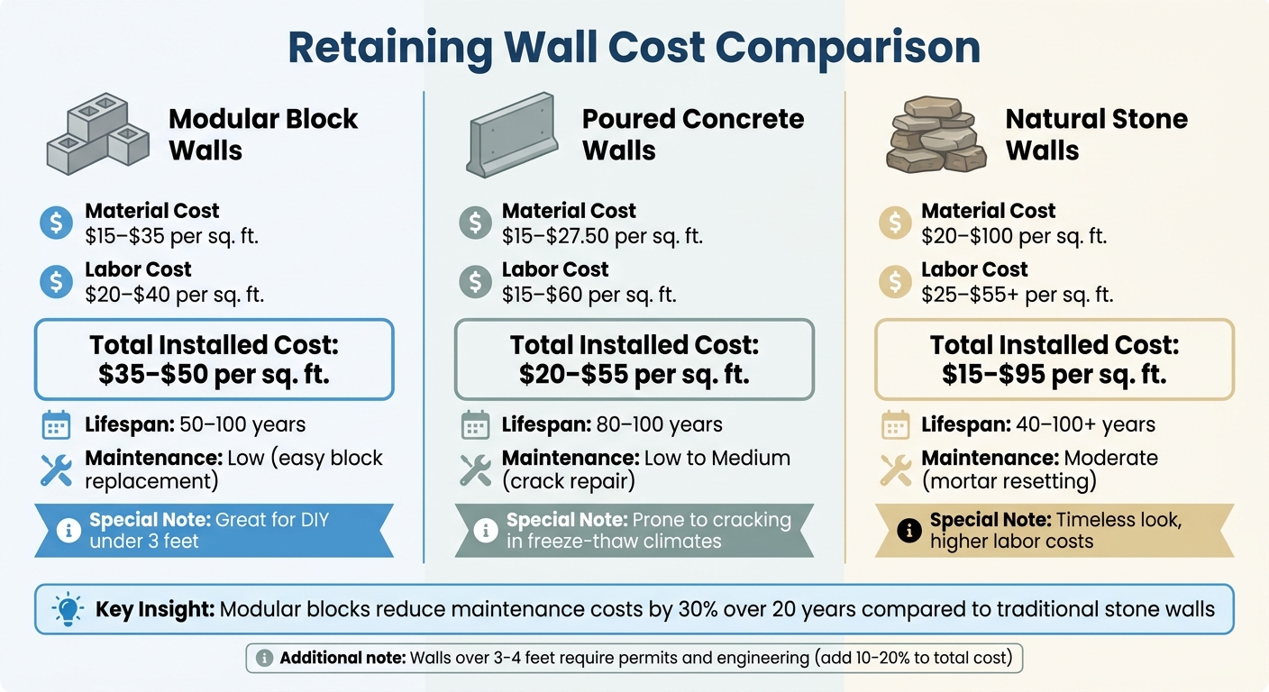 Retaining Wall Cost Comparison: Modular Block vs Poured Concrete vs Natural Stone