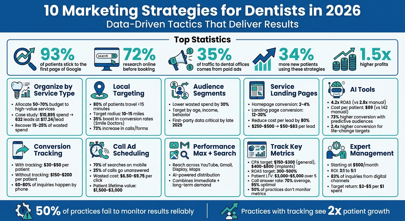 10 Google Ads Strategies for Dental Practices chart highlighting CPA, ROAS, and conversion metrics