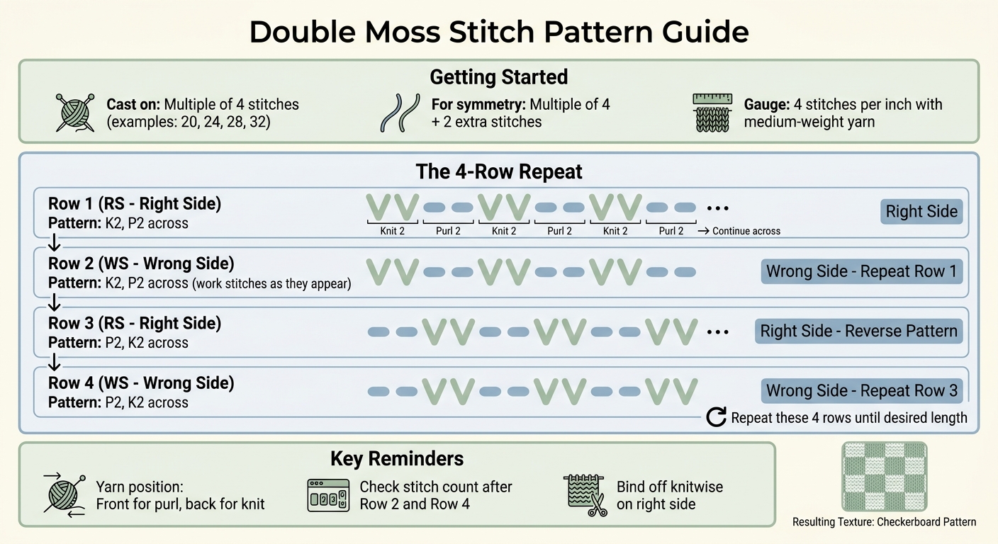 Double Moss Stitch 4-Row Pattern Guide