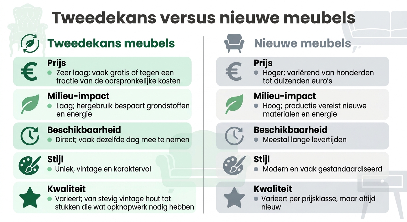 Tweedekans meubels vs nieuwe meubels: prijs, milieu-impact en beschikbaarheid
