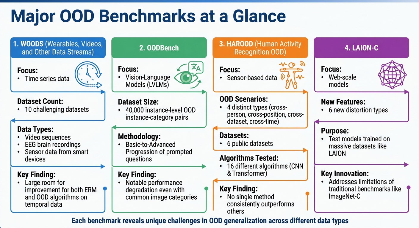 Major OOD Benchmarks Comparison: WOODS, OODBench, HAROOD, and LAION-C