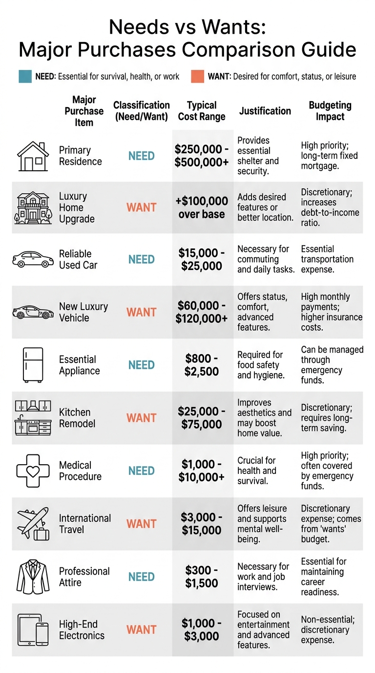 Needs vs Wants Major Purchases Comparison Guide