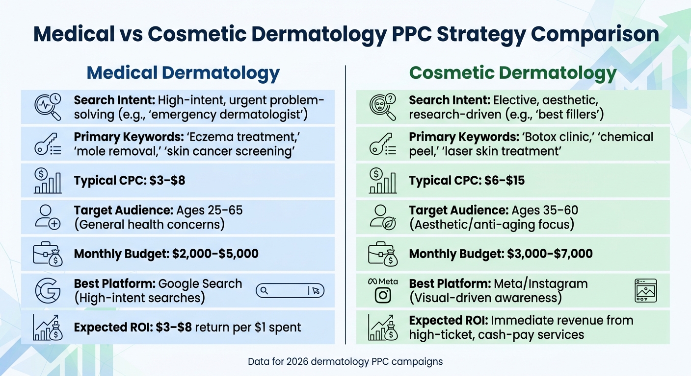 Data chart comparing Medical vs Cosmetic Dermatology PPC Strategies including budget and CPC metrics