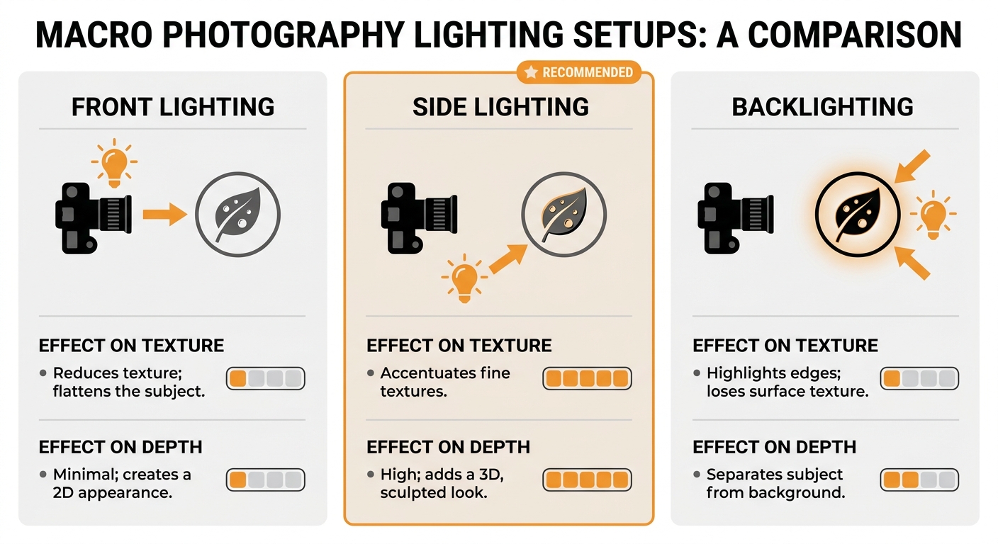 Comparison of Front, Side, and Backlighting Effects on Macro Photography Texture and Depth