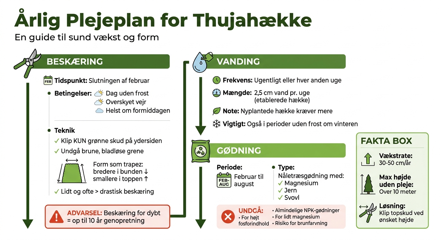 Årlig plejeplan for thujahække: Beskæring, gødning og vanding