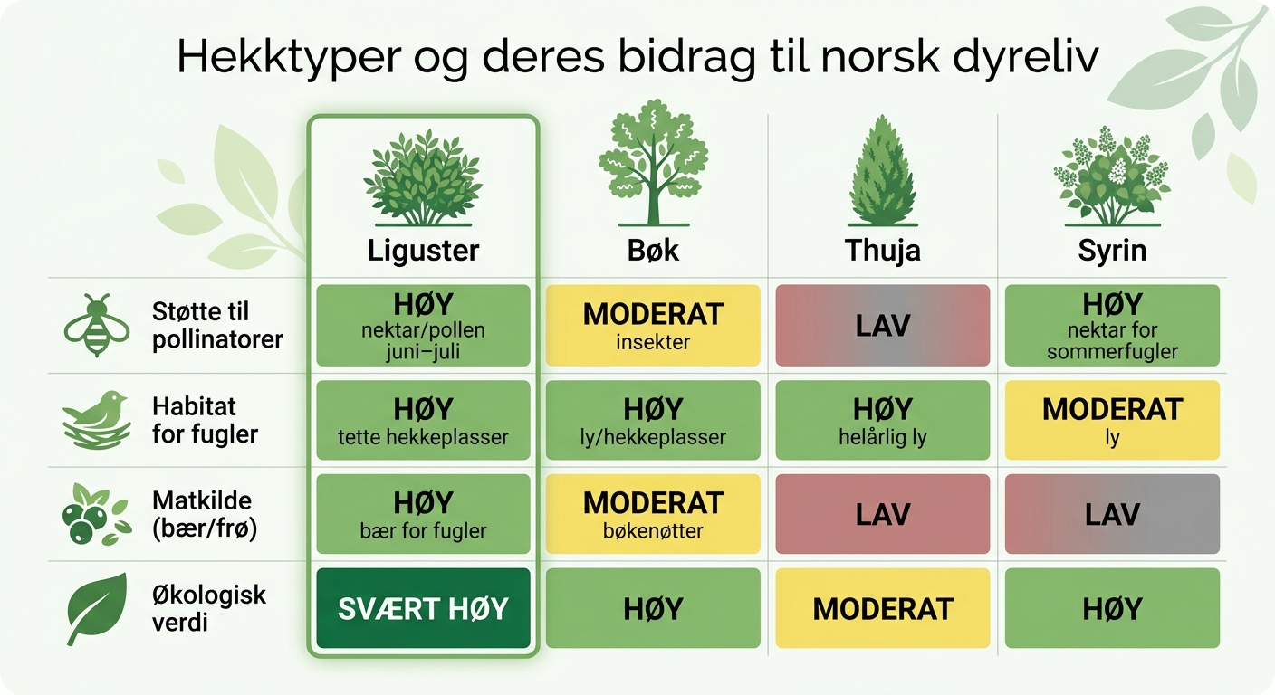 Sammenligning av hekktyper for norsk dyreliv: Liguster, Bøk, Thuja og Syrin
