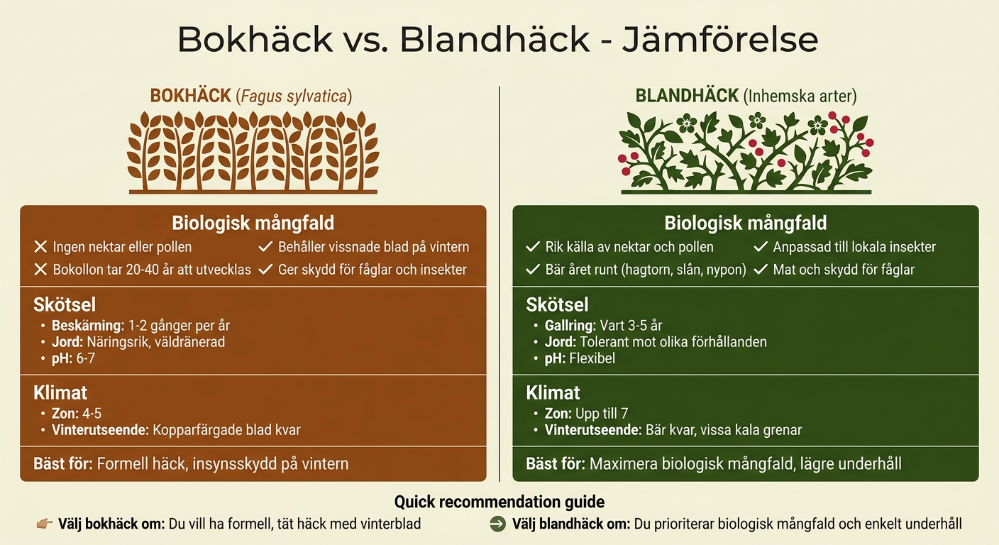 Jämförelse mellan bokhäck och blandhäck för biologisk mångfald