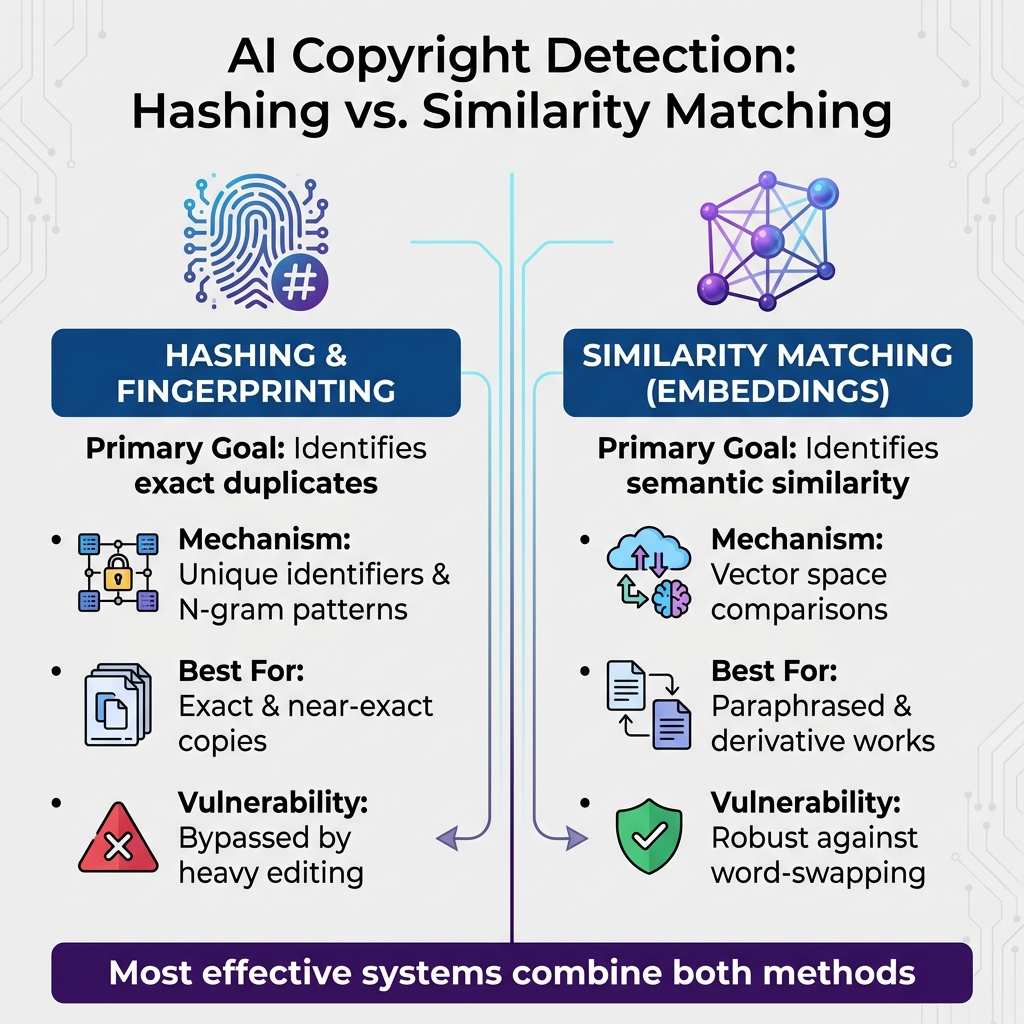 AI Copyright Detection Methods: Hashing vs Embeddings Comparison