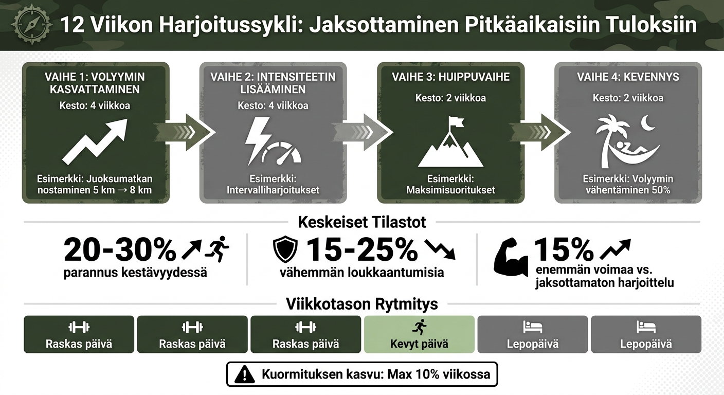 Progressiivisen ylikuormituksen 4-vaiheinen harjoitussykli sotilasharjoittelussa