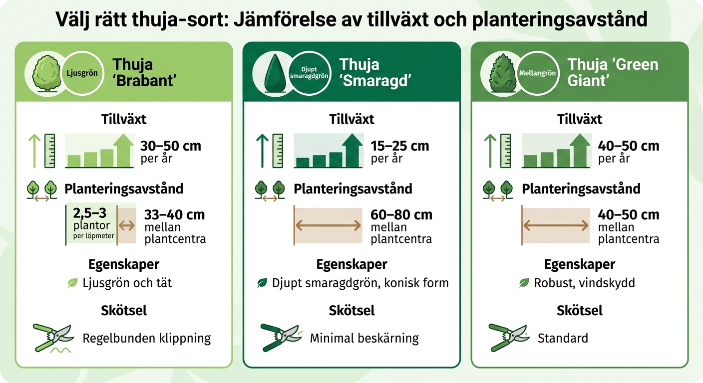 Planteringsavstånd för olika thuja-sorter - jämförelsetabell