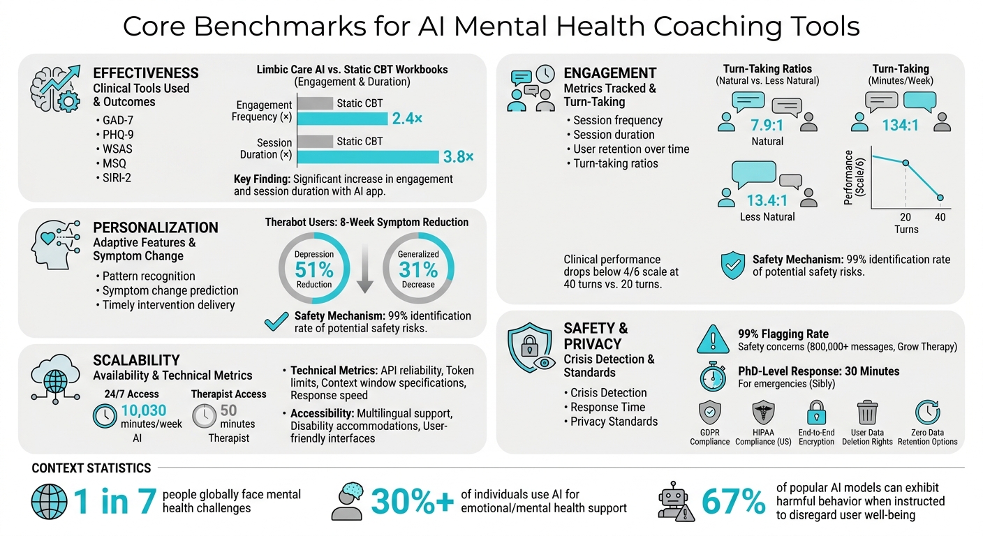 Core Benchmarks for AI Mental Health Coaching Tools: Effectiveness, Engagement, Personalization, Scalability, and Safety