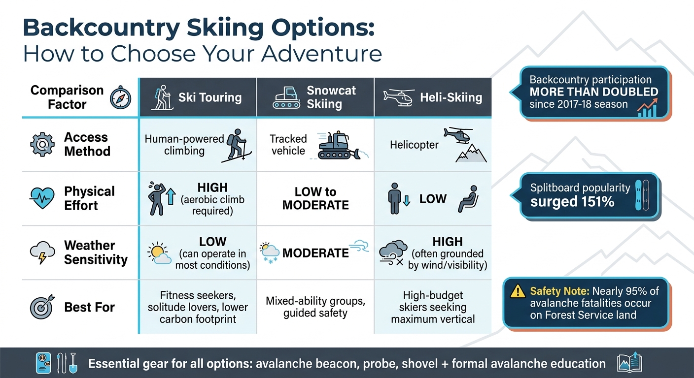 Backcountry Skiing Options Comparison: Touring vs Cat Skiing vs Heli-Skiing