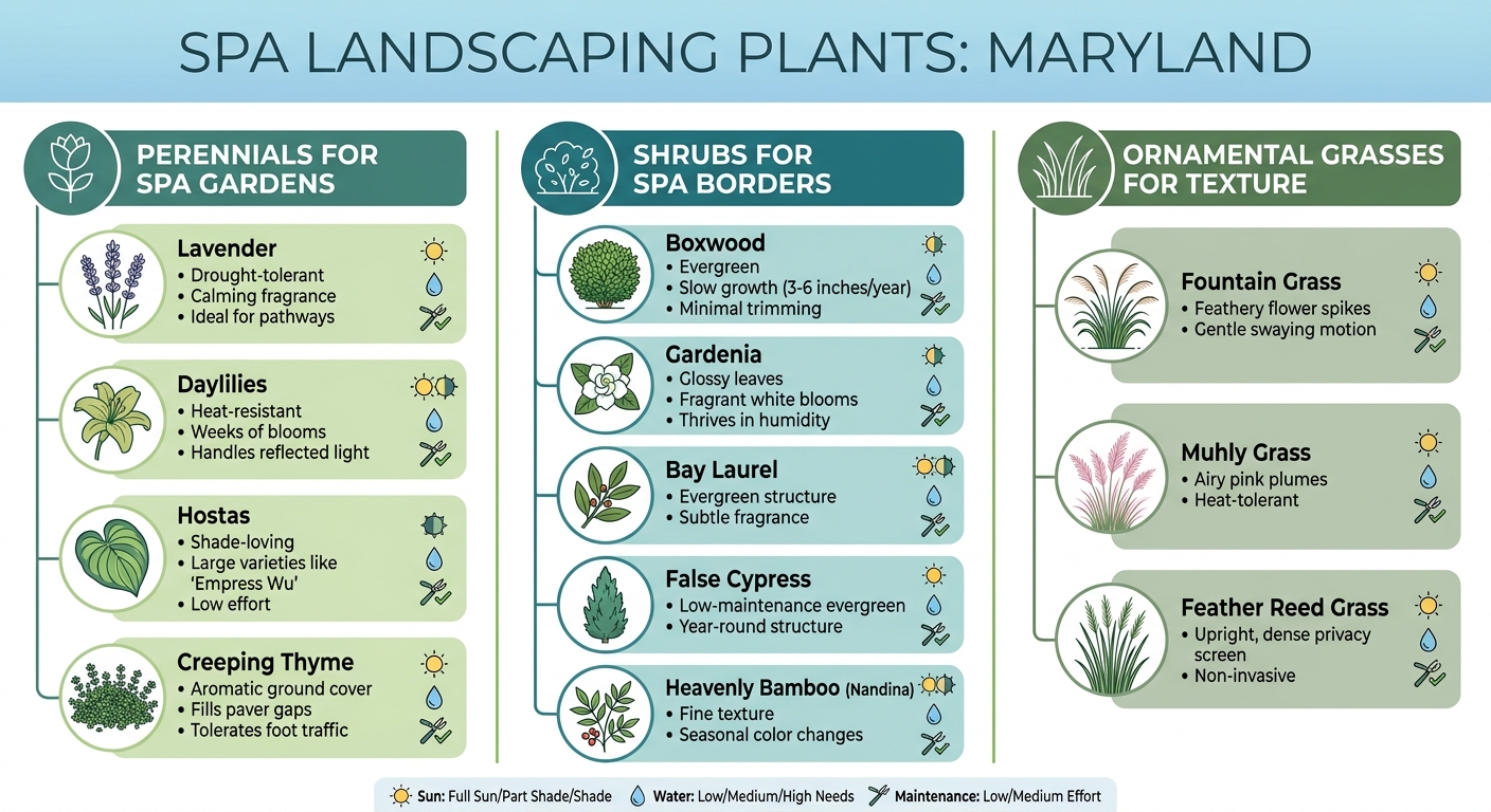 Best Low-Maintenance Plants for Maryland Spa Landscaping by Category