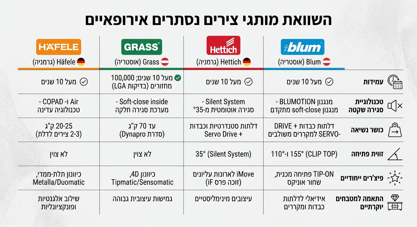 השוואת צירים נסתרים: Blum, Hettich, Grass ו-Häfele למטבחים יוקרתיים