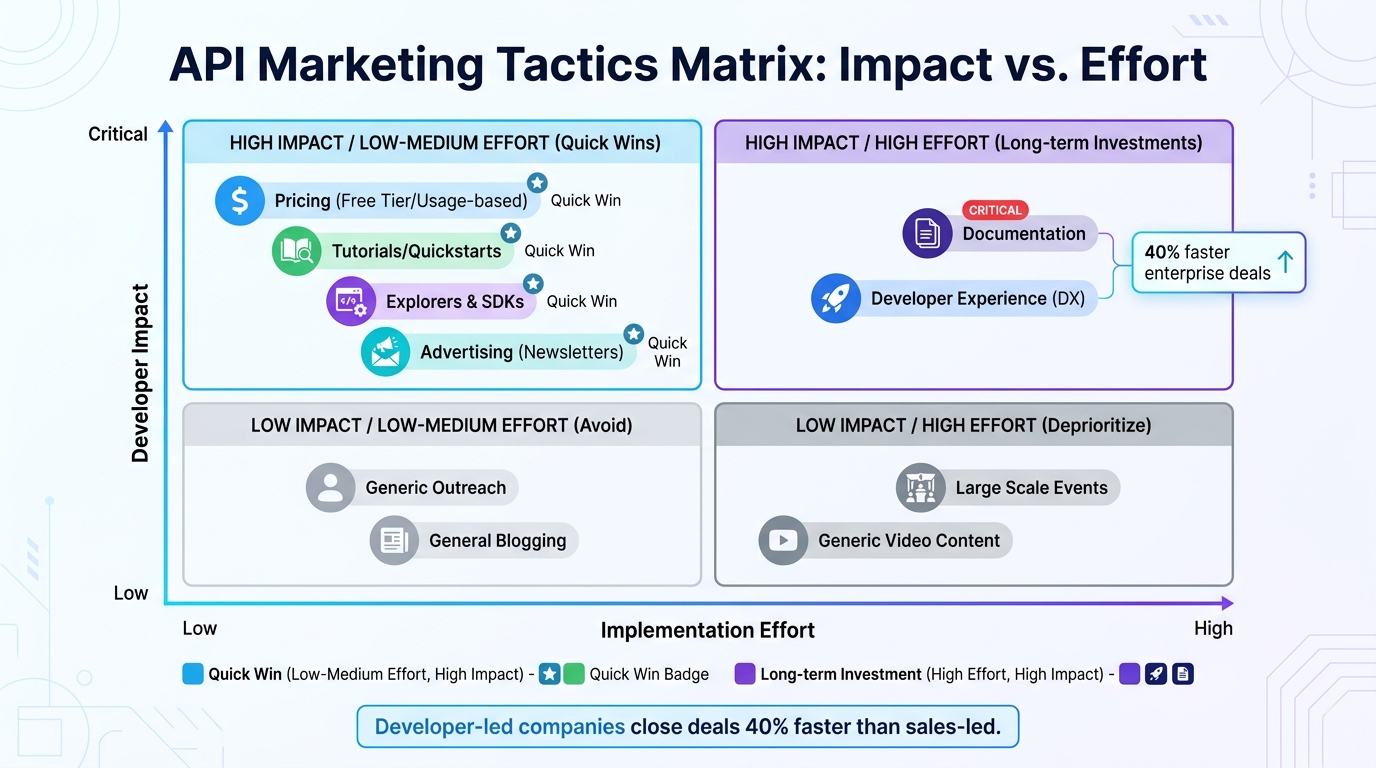 API Marketing Tactics: Developer Impact vs Implementation Effort Matrix