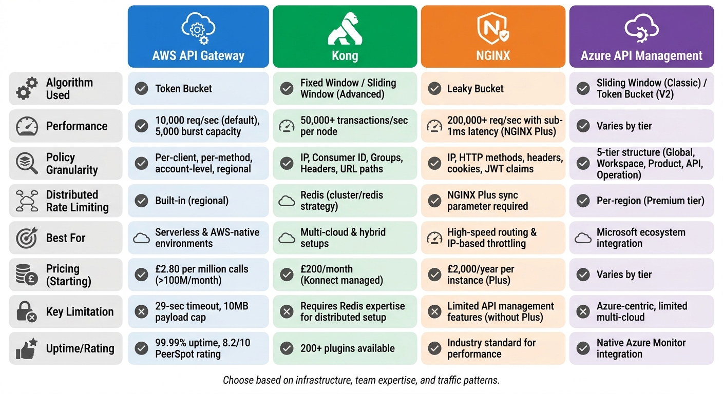 API Gateway Comparison: AWS, Kong, NGINX, and Azure Rate Limiting Features