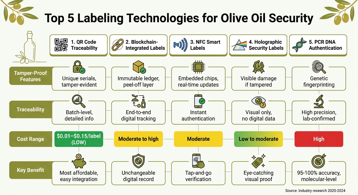 Comparison of 5 Olive Oil Security Labeling Technologies
