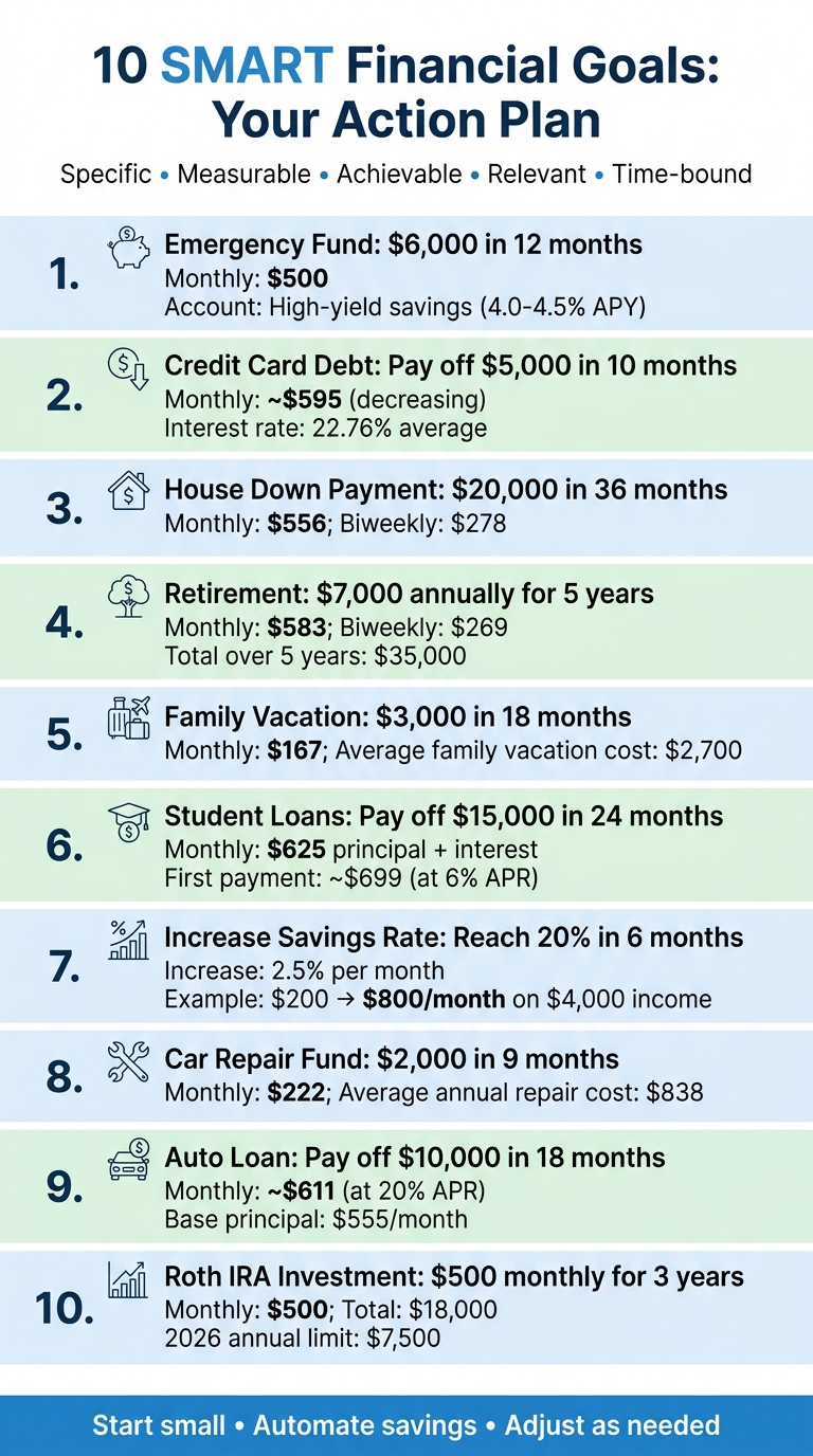 10 SMART Financial Goals with Monthly Savings Breakdown