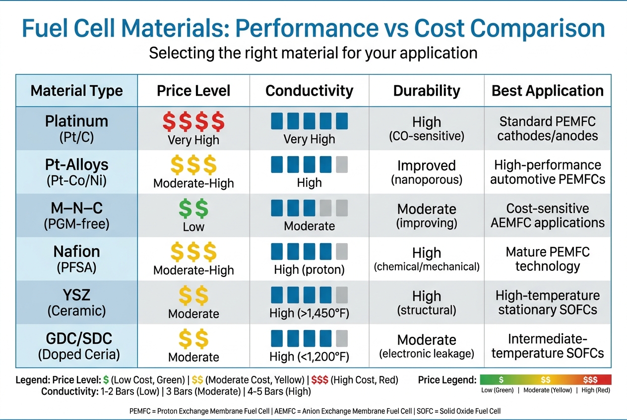 Hydrogen Fuel Cell Materials: Performance vs Cost Comparison
