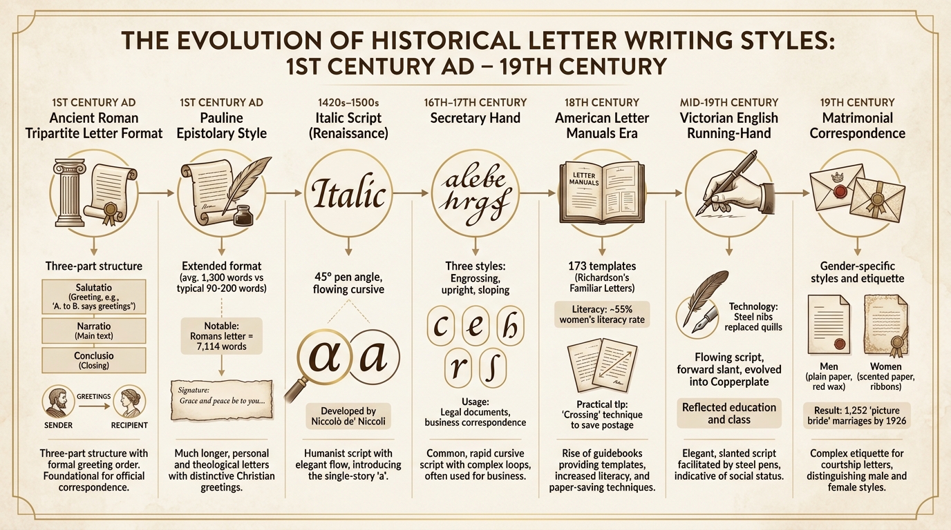 Evolution of Historical Letter Writing Styles from Ancient Rome to 19th Century