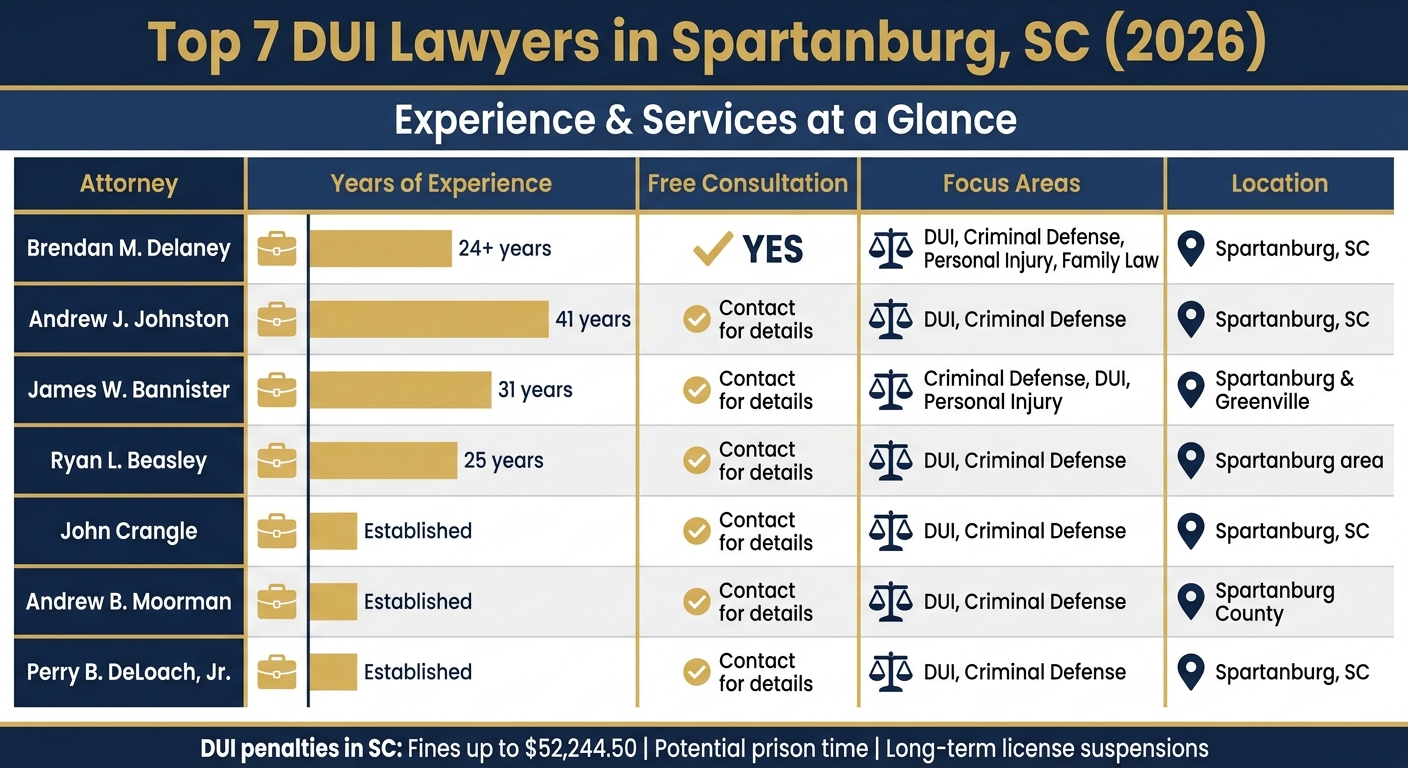 Top 7 DUI Lawyers in Spartanburg SC: Experience and Services Comparison Chart