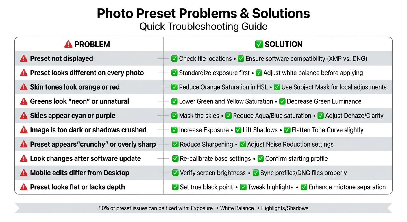 Common Photo Preset Problems and Solutions Quick Reference Guide
