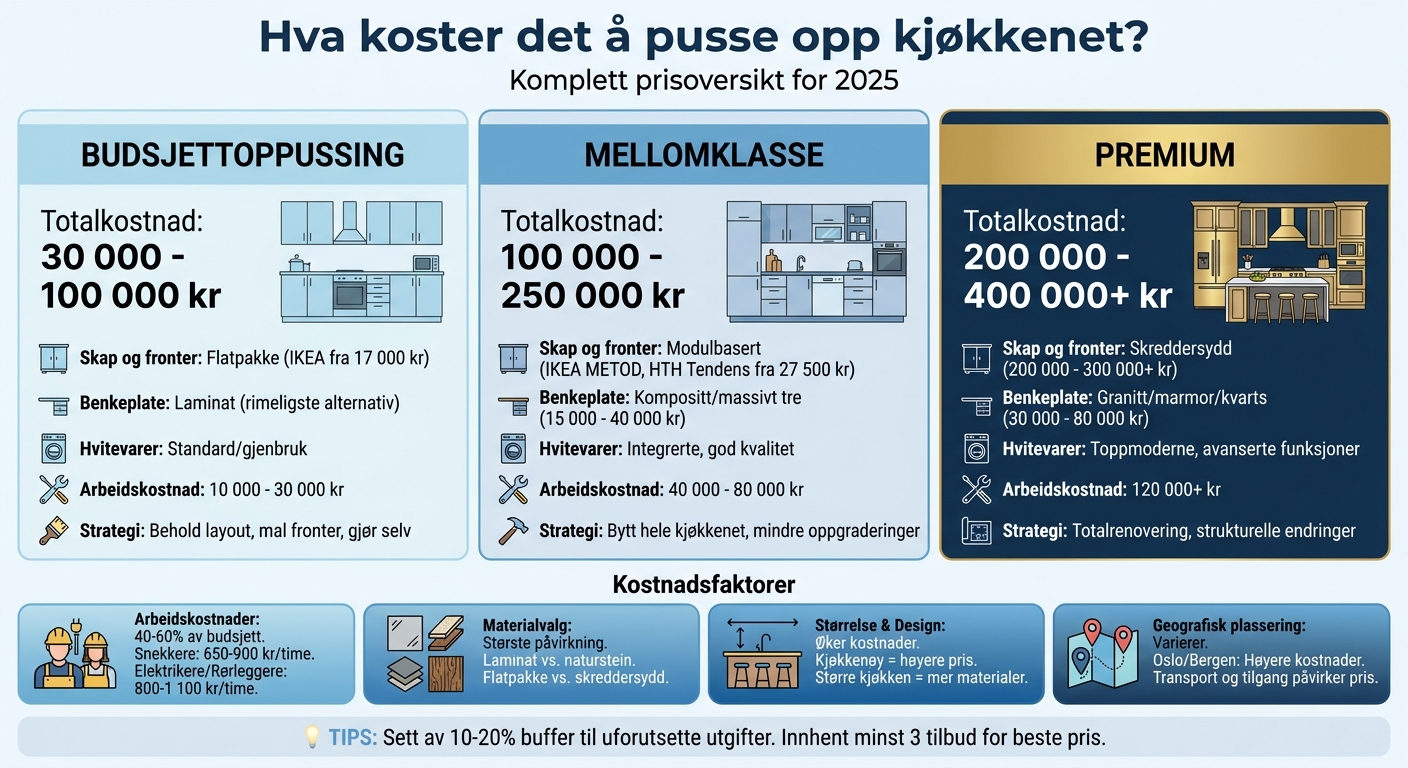 Kostnadsoversikt kjøkkenoppussing - budsjett, mellomklasse og premium