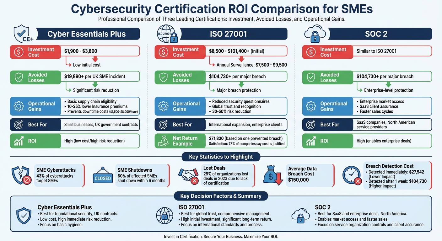 Cybersecurity Certification ROI Comparison for SMEs: ISO 27001 vs Cyber Essentials Plus vs SOC 2
