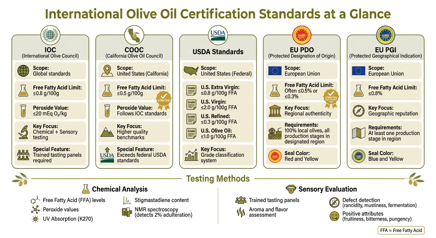 Olive Oil Certification Standards Comparison: IOC, COOC, USDA, PDO and PGI