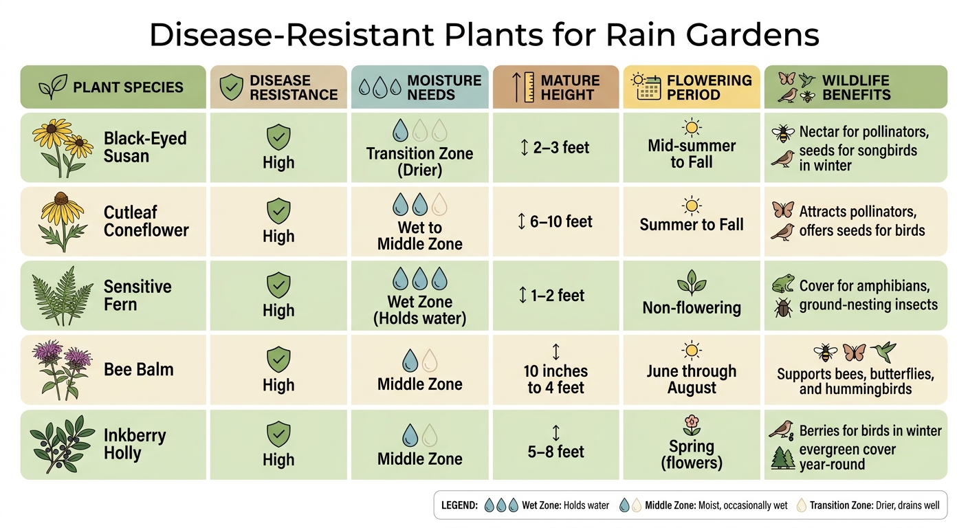 Disease-Resistant Rain Garden Plants Comparison Chart